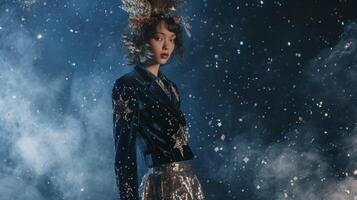 A velvet blazer in deep navy adorned with constellations paired with a sequin skirt and celestial headpiece embodying the mystical and ethereal elements of the cosmic theme photo