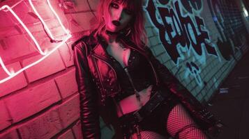 classic gothic elements like a leather jacket and ripped fishnet tights are given a cybergoth upgrade with the addition of neon pink accents and a holographic choker. This loo photo