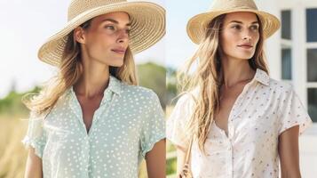 Keep it preppy and chic in a collared s with a pastel polka dot pattern accessorized with a straw hat and woven wedge sandals. Perfect for a day of horseback riding in th photo