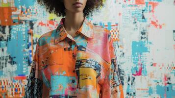 A billowy blouse with a kaleidoscopeinspired pattern representing the complexity and diversity of a modern urban landscape against an abstract backdrop photo