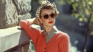 A classic poodle skirt and cropped cardigan combo accessorized with a polka dot headscarf and cat eye sungles taking us back to the 1950s photo