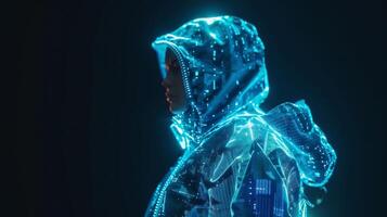 A holographic image of a model wearing a futuristic jacket with temperature regulation and builtin virtual istant technology photo