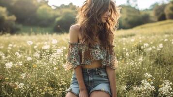 Channel your inner 70s fashion icon with a pair of highwaisted denim off shorts a tuckedin flowy peasant top and platform clogs. This look is perfect for a day of picnickin photo