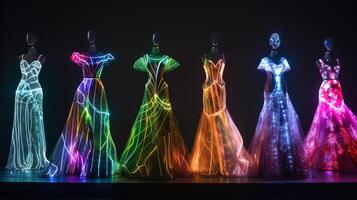 A dazzling array of colorful holographic dresses each featuring embedded LED lights that change color and pattern based on movement and mood photo