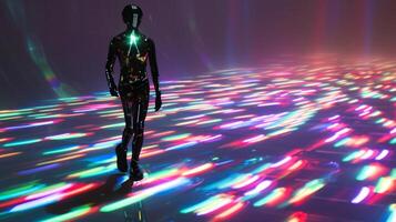 A shimmering holographic silhouette strutting down the runway adorned in a sleek black jumpsuit with builtin heartrate monitor and GPS tracker photo