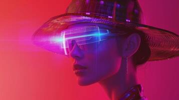 A shimmering holographic image of a model sporting a chic hat with integrated solar panels allowing for onthego charging of IoTenabled devices photo