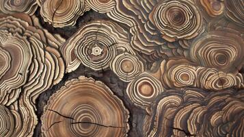 A detailed view of a tree trunk showing the growth rings formed over the years. Each ring is a different shade of brown creating a beautiful intricate pattern photo