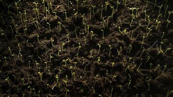 An overhead shot of a microgreen bed with hundreds of small shoots emerging from the dark soil and reaching towards the light photo