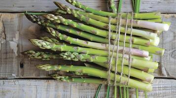 A bundle of crisp bright green asparagus spears each one bearing a tender tip and a thin woody stem photo