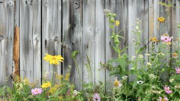 A closeup of a wooden fence partially obscured by overgrown weeds and wildflowers leading up to a weathered barn with a rustic charm photo