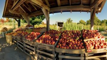 A panoramic shot of a fruit stand at the edge of an orchard showcasing a colorful array of freshly picked fruits. Peaches plums apples and pears fill the baskets and crate photo