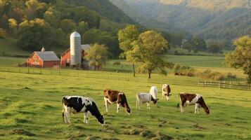 Cows grazing peacefully in a green pasture with a red barn and silo in the background photo