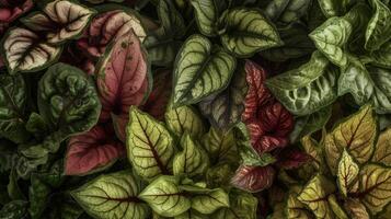 An ortment of leafy greens tightly packed together creating a colorful and nutritious medley. Each leaf has unique patterns and shapes making it an interesting visual feast photo