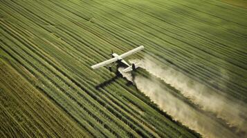 A closeup of a crop duster plane flying over a vast field releasing a fine mist of fertilizer onto the crops below photo