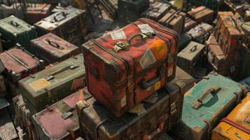 In a sea of luggage a small suitcase stands out with its multiple fragile stamps indicating its delicate contents photo
