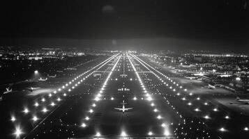 An aerial view of the airport at night with the shining lights of planes preparing for takeoff and landing photo