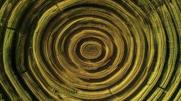 This drone shot captures a mesmerizing view of crop circles each one showcasing a unique blend of crops in varying shades and sizes. The symmetrical patterns formed by th photo