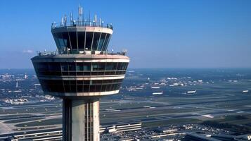 A closeup of the top of the Air Traffic Control tower where the vigilant controllers monitor the movements of planes taking off and landing ensuring the safety and efficienc photo
