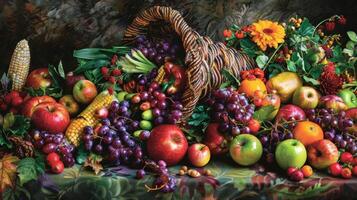 A large decorative cornucopia sits in the center of the table overflowing with vibrant fruits and vegetables. From deep red apples to golden yellow corn its a visual representatio photo