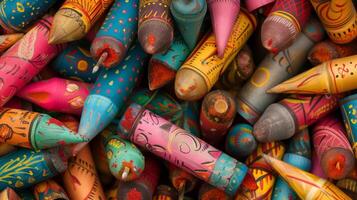 A pile of bright and colorful firework rockets ready to be lit up and burst into the night sky during Diwali photo