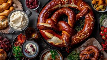 A closeup of a giant pretzel hanging from a hook surrounded by bitesized pretzel bites and a variety of dips including tangy Obatzda soft cheese spread photo