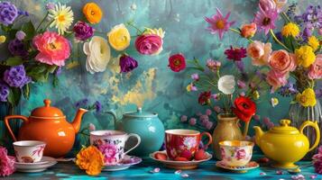 un mesa lleno con brillantemente de colores té conjuntos y delicado tazas de té Perfecto para un madres día té fiesta lleno con la risa y amor foto