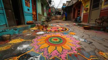 Intricately designed rangolis made out of colorful powders adorn the entrance of houses and streets photo