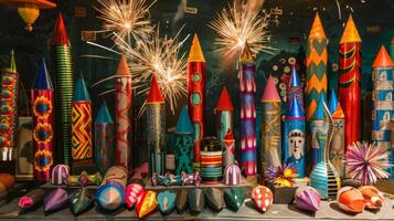 The unmistakable pop and crackle of fireworks can be heard as a table displays an assortment of colorful rockets fountains and firecrackers photo