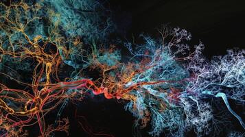 An intricate network of vessels on a closeup image of an angiogram enhanced by AI algorithms for the early detection of heart disease and other circulatory issues photo