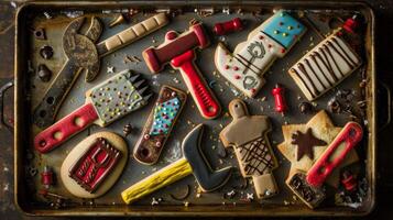 A tray of freshly baked cookies each one shaped and decorated to look like tools commonly found in a toolbox. These delicious treats are a fun and tasty way to show dads ho photo