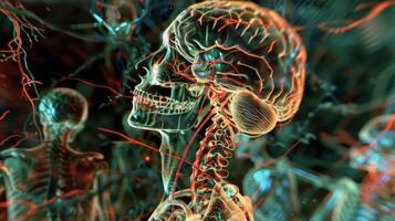 An incredible holographic image of the nervous system displaying the brain spinal cord and nerves to showcase its vital role in transmitting messages throughout the body photo