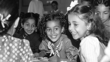 Smiling children of various ethnicities eagerly participate in a handson activity at a multicultural exhibition learning about each others customs and traditions photo