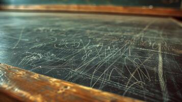 A closeup of a classroom blackboard covered in chalk dust capturing the timeless practice of teaching through lectures and visual aids photo