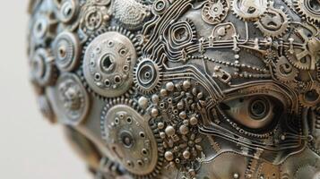 A detailed macro image of a sculpture depicting a human brain intricately crafted with tiny gears wires and circuitry representing the fusion of science and art photo