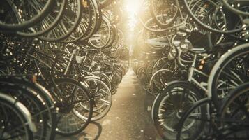 Multiple bicycles of varying shapes and sizes their wheels locked in place forming an organized and orderly display in an urban environment photo