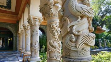 A series of decorative columns and archways adorned with detailed carvings of birds flowers and other natural elements line the entrance of the building. The effect is bot photo