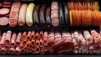 Rows of neatly stacked and sliced meat s including sausages bacon and ham displayed in a spotless refrigerated display case photo