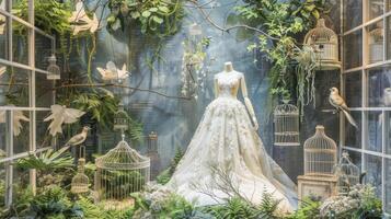 The window is transformed into a lush garden with lush greenery and charming birdcages while a mannequin in a flowing white dress exudes a sense of grace and poise. The displa photo