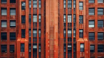 Standing out a its neighboring buildings a vibrant orange art deco structure boasts bold lines and dramatic shapes. Its facade features intricate patterns and textures addin photo