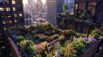 A rooftop garden oasis nestled a towering skysers offering a peaceful respite from the busy streets below photo