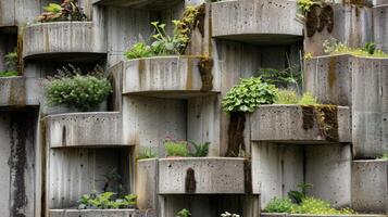 A maze of tall stacked planters line the walls of a concrete structure providing a thriving source of fresh produce photo