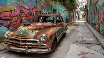 A rusted abandoned car sits on a deserted street with colorful murals and street art surrounding it representing the juxtaposition of decay and creativity photo