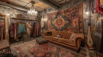 A cozy and intimate boutique interior featuring a large tapestry hanging from the ceiling racks of flowy bohemian dresses and a plush velvet couch for customers to relax an photo