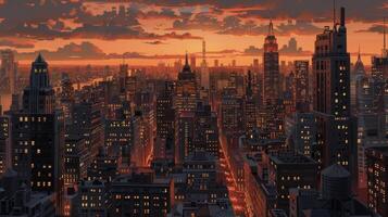 A panoramic view of a bustling city skyline at dusk with illuminated artdeco buildings lit up against the fading orange sky photo