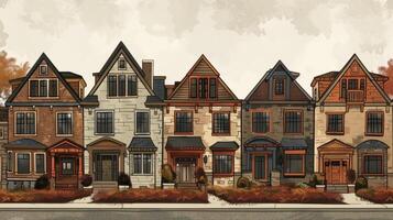 Rustic weathered townhouses in shades of earthy browns and tans with pops of burnt orange and rust in the trim and accents photo