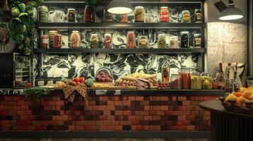 A tastefully decorated corner of a grocery store with a sleek counter showcasing premium meats and cheeses for sale. The meats are surrounded by jars of pickled vegetable photo