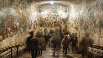 A blur of commuters hurrying down a staircase their feet blurred in a continuous stream of movement. The walls are decorated with murals depicting scenes of city life photo