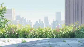 A patch of lush green grass and a of blooming flowers provide a burst of natural color in an otherwise concretedominated cityscape photo
