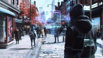 un futurista calle escena con holográfico publicista apareciendo a interactuar con transeúntes foto