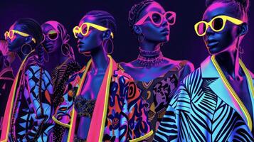 Bright neon lights illuminate a group of trendsetters sporting mismatched patterns bold graphics and statement accessories photo